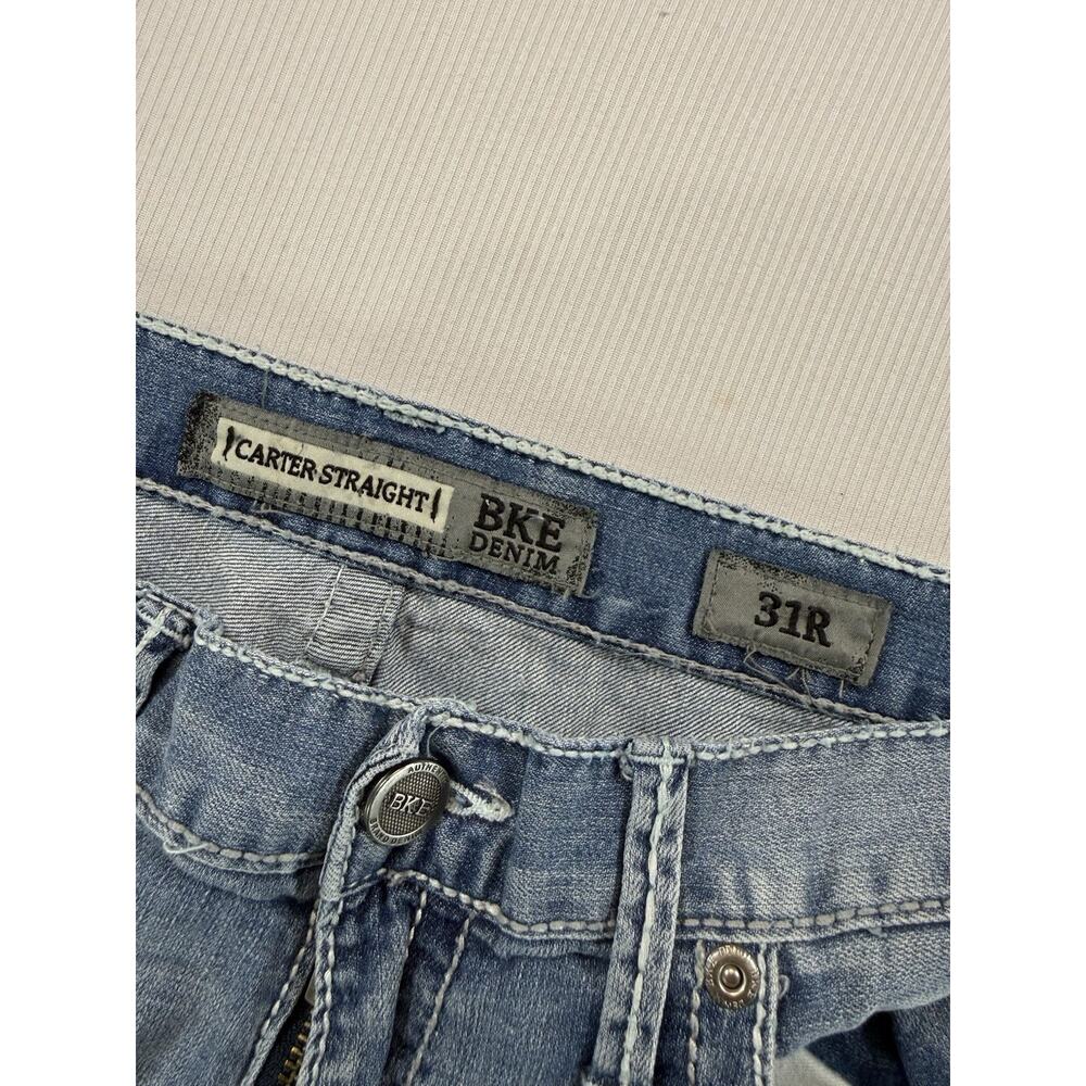 BKE Carter Straight Jeans Mens 31R Blue Stretch Denim Buckle Distressed - Picture 2 of 10